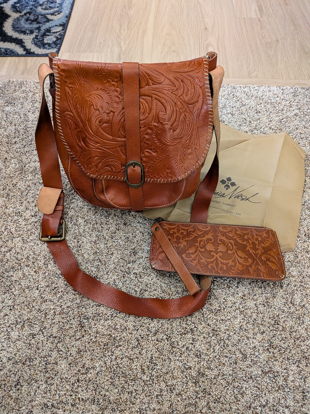 Patricia Nash Tooled Leather Saddle Bag with Matching Wristlet - Cognac